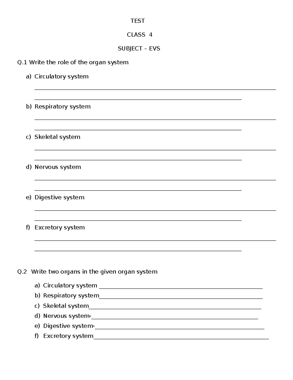 Class 4 EVS Test: Organ Systems & Their Functions - Studocu