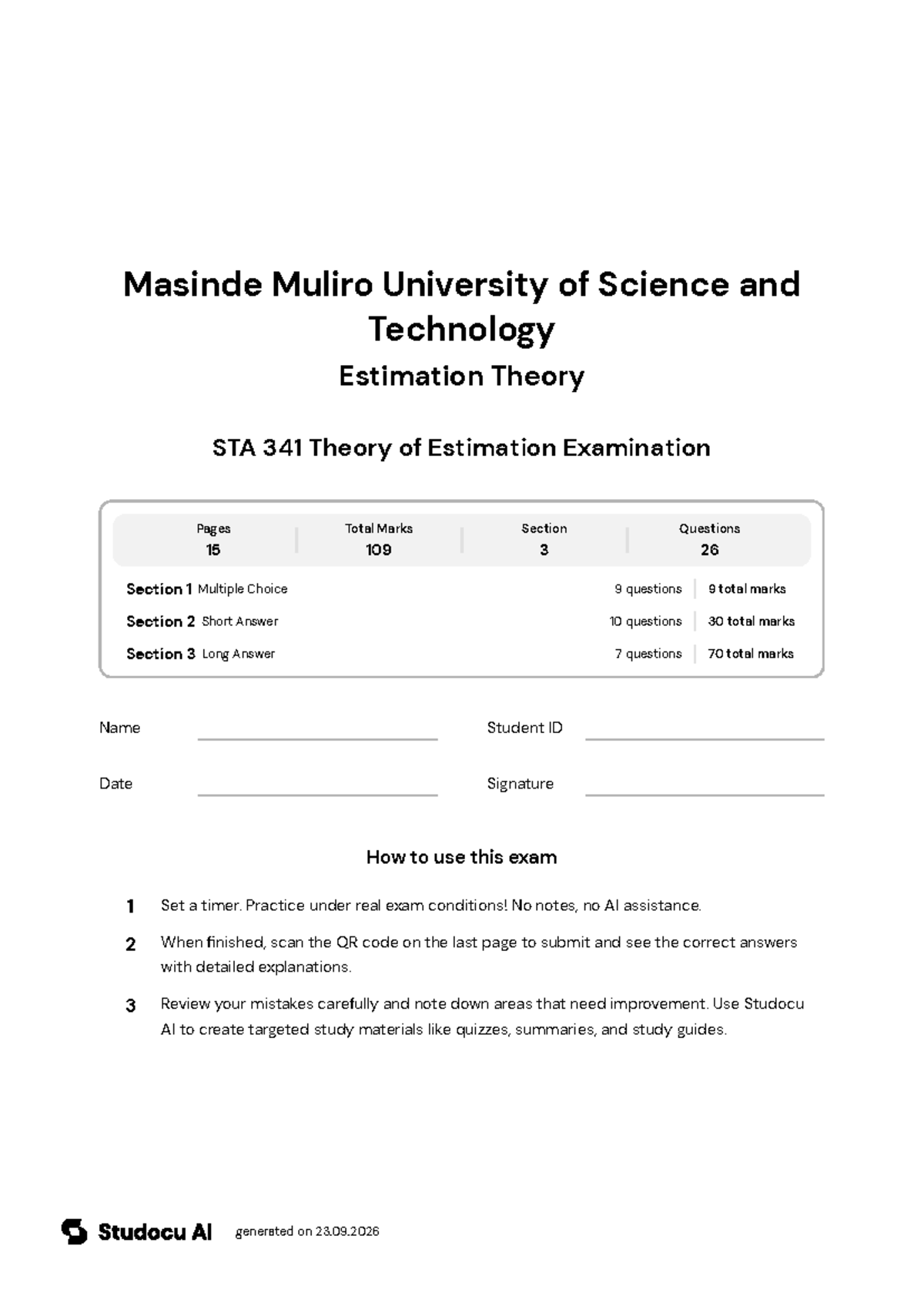 STA 341 Final Exam: Theory of Estimation - Studocu