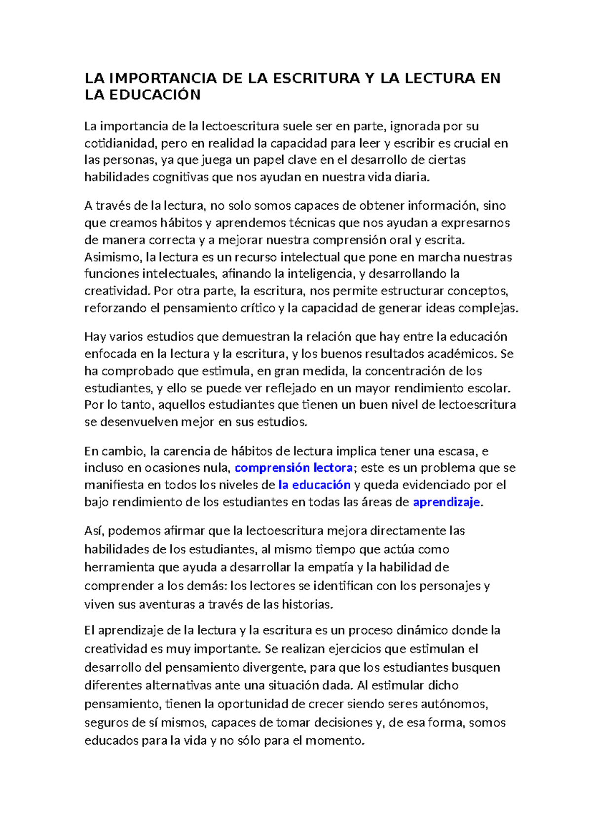 Importancia de la Lectura y la Escritura en la Educación - Studocu