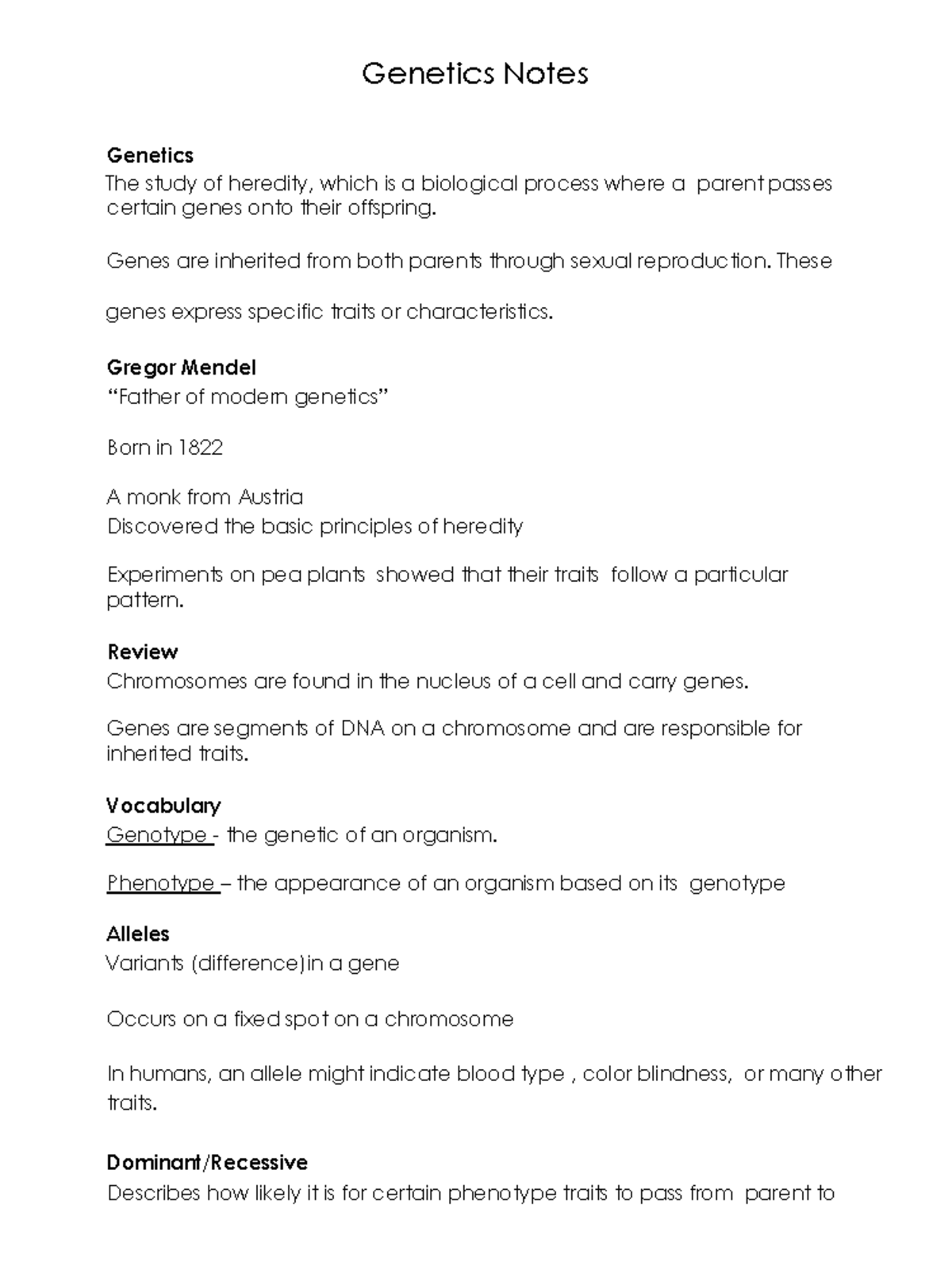 Genetics Notes (BIO 101): Heredity and Mendelian Principles - Studocu