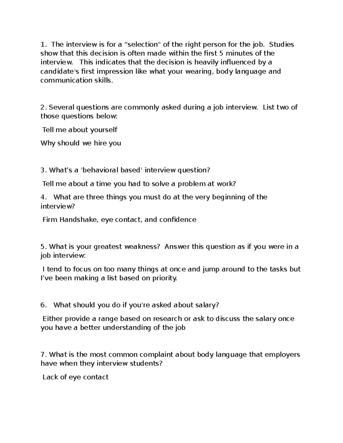 Job Interview Questions and Tips for Success (HR 101) - Studocu