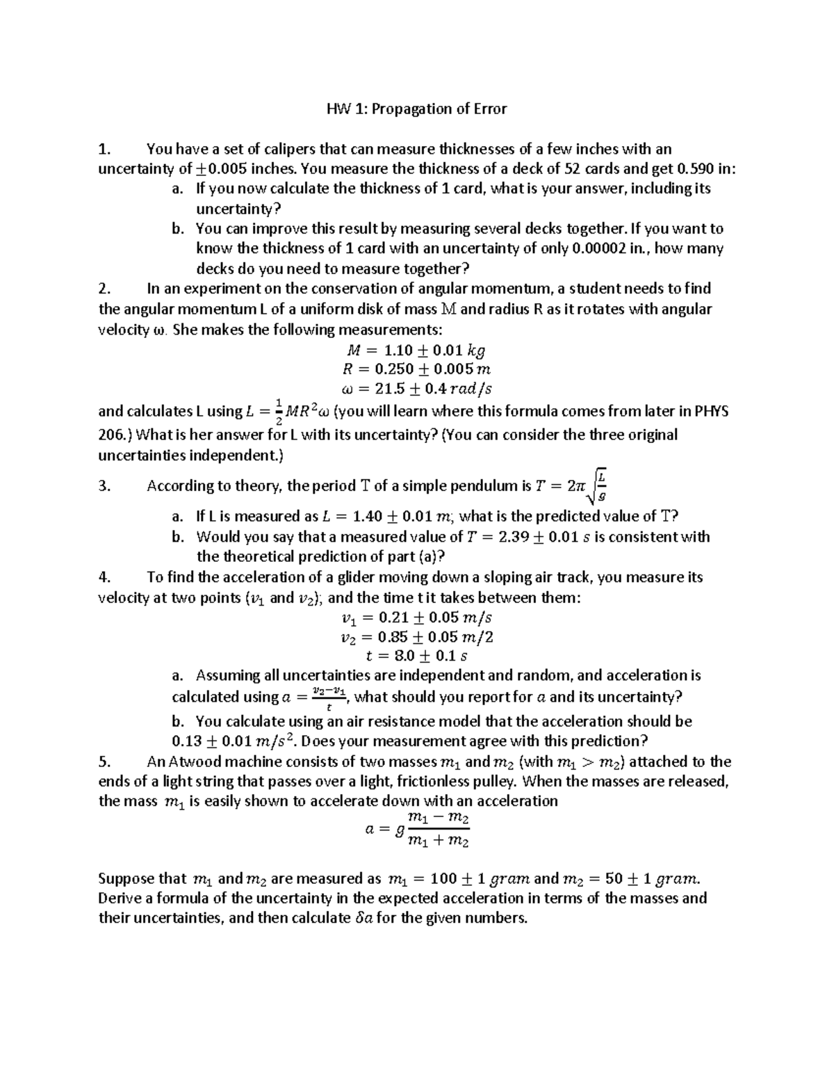 HW1-1: Propagation of Error Analysis and Calculations - Studocu