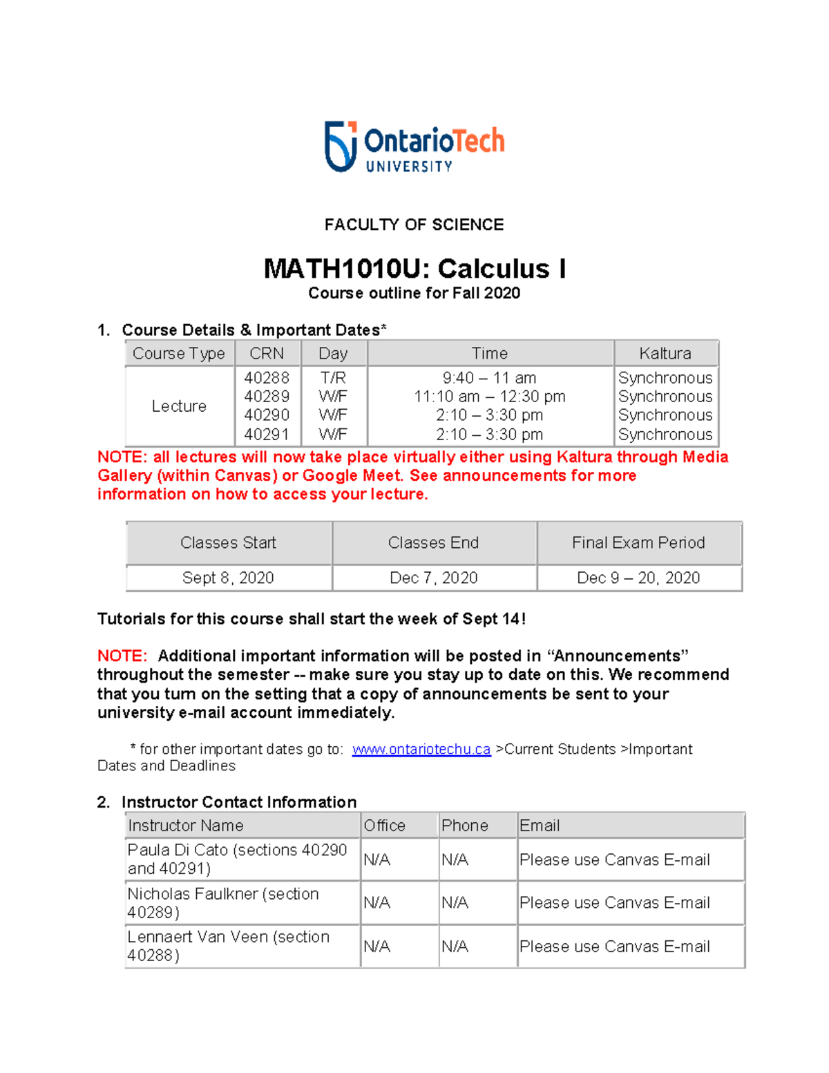 Syllabus 1010 f20-1 for Calculus I - FACULTY OF SCIENCE MATH1010U ...