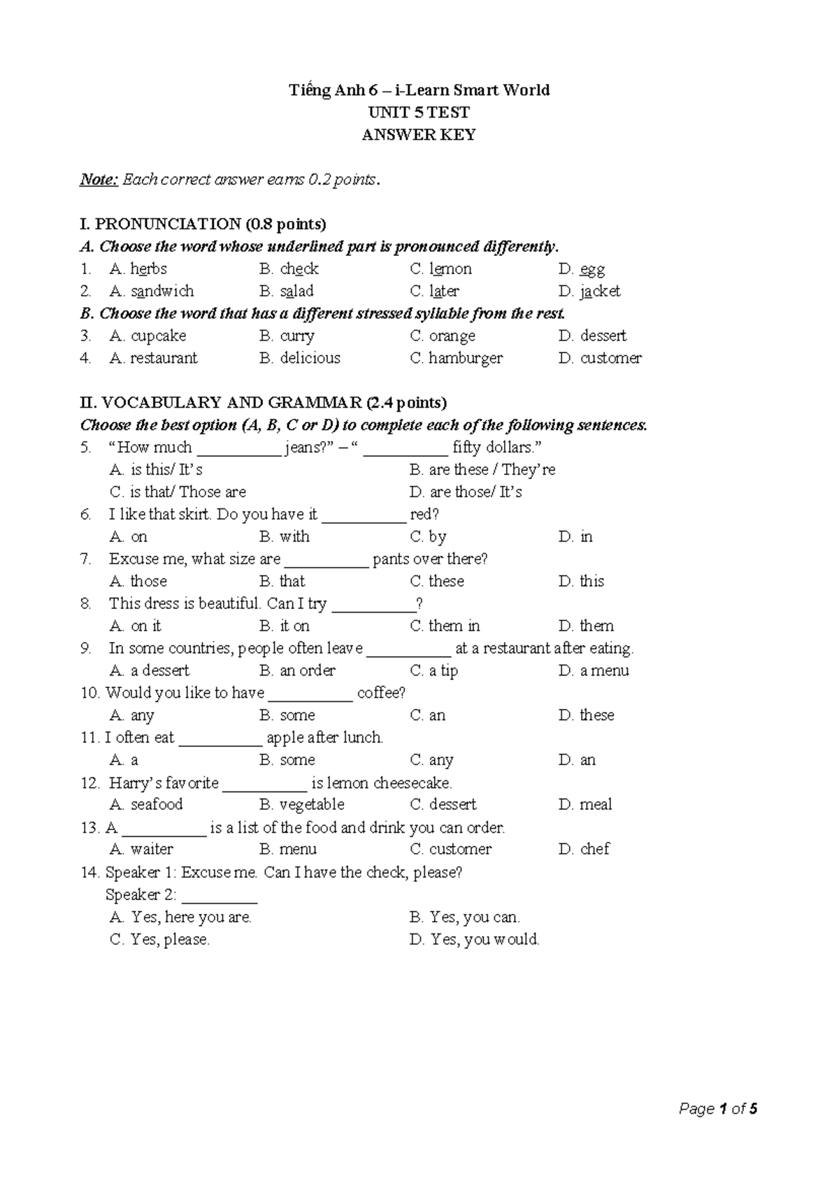 Tiếng Anh 6 - Smart World Unit 5 Test Answer Key - Studocu