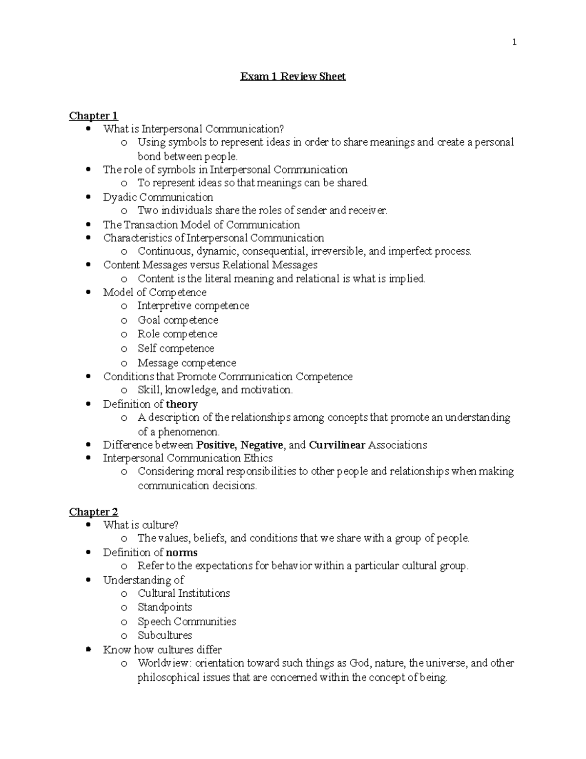 Interpersonal Comm Exam 1 Review Sheet (Ch 1-5) - Studocu