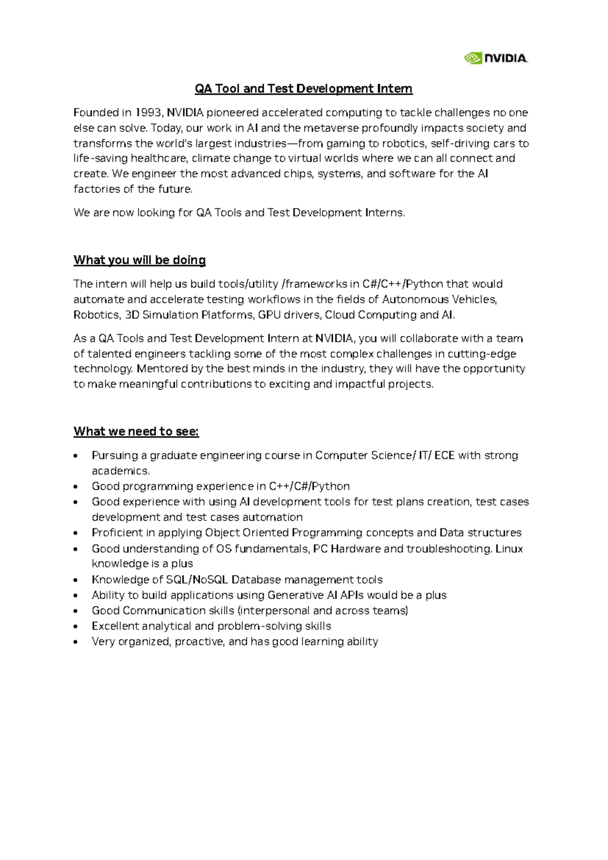 NVIDIA Summer 6M Internship: QA Tools & Test Development Role - Studocu