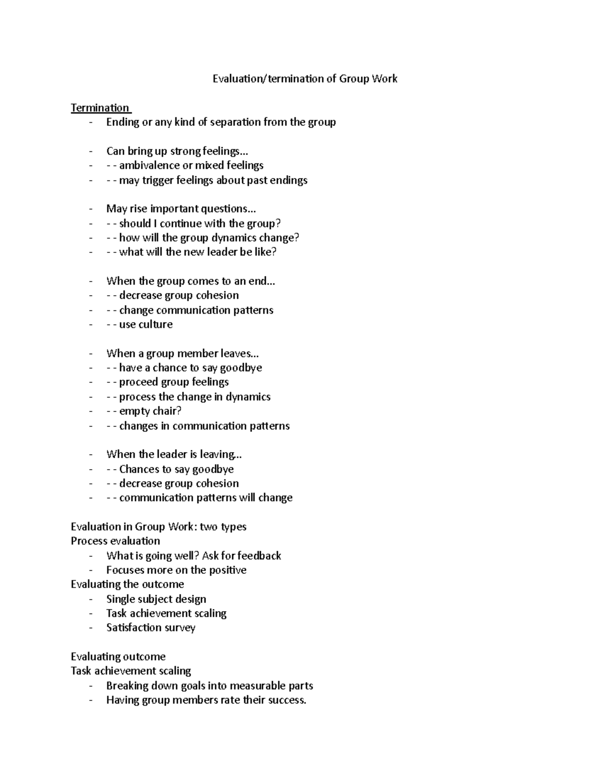 Evaluation and Termination of Group Work: Notes from 4-7-22 - Studocu