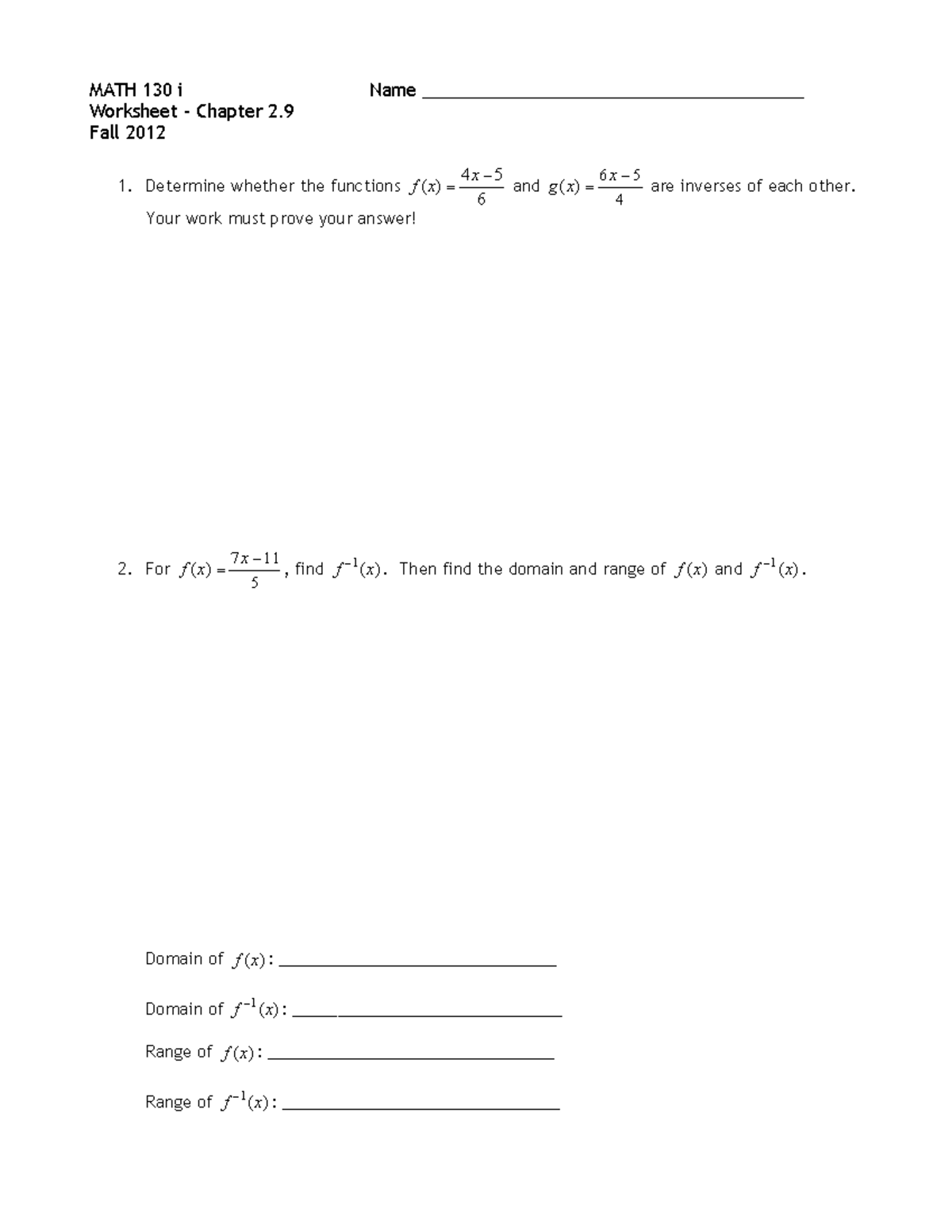 MATH 130 i Worksheet: Inverses and Function Domains (Ch. 2.9) - Studocu