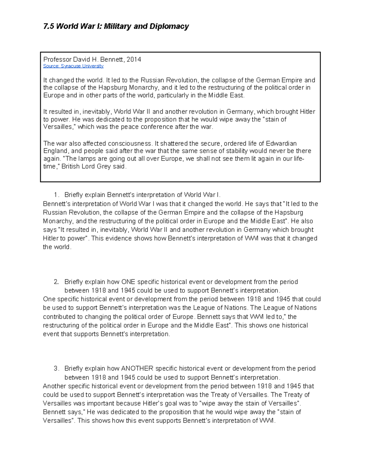 7.5 World War I Military and Diplomacy - 7 World War I: Military and ...