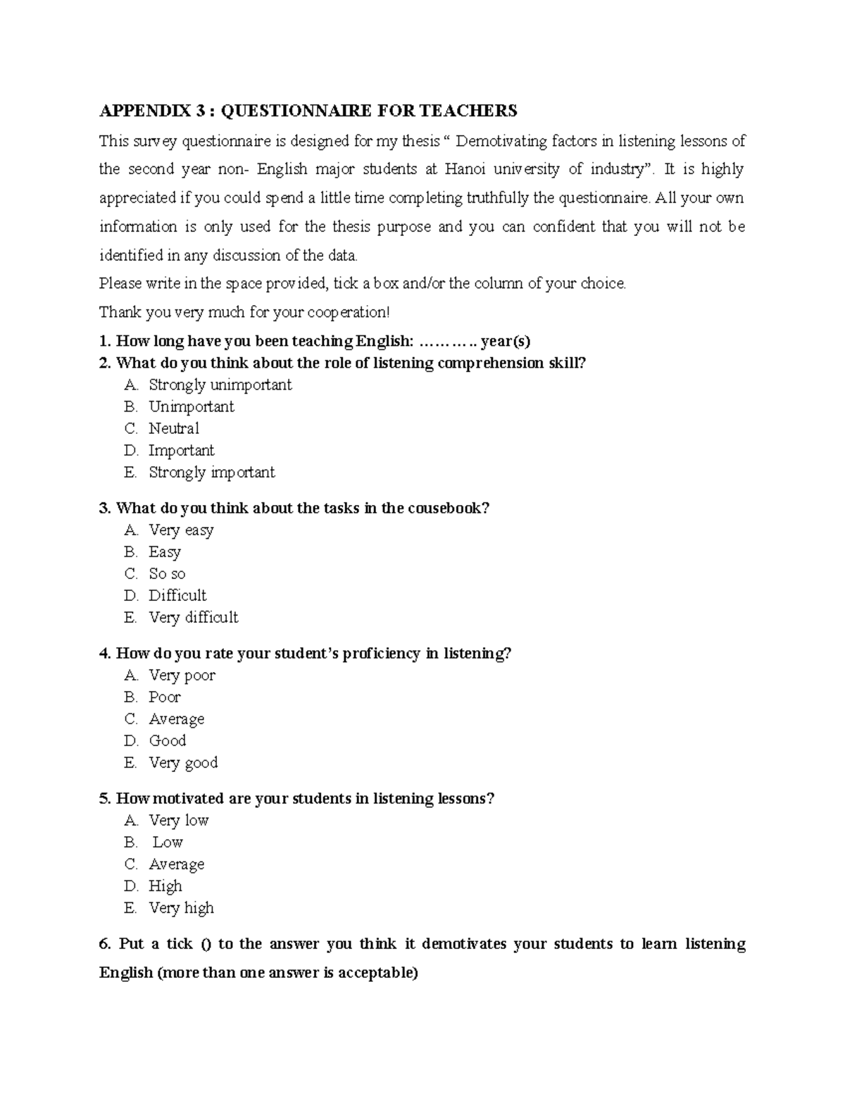 Questionnaire for Teachers on Demotivating Factors in Listening Lessons ...