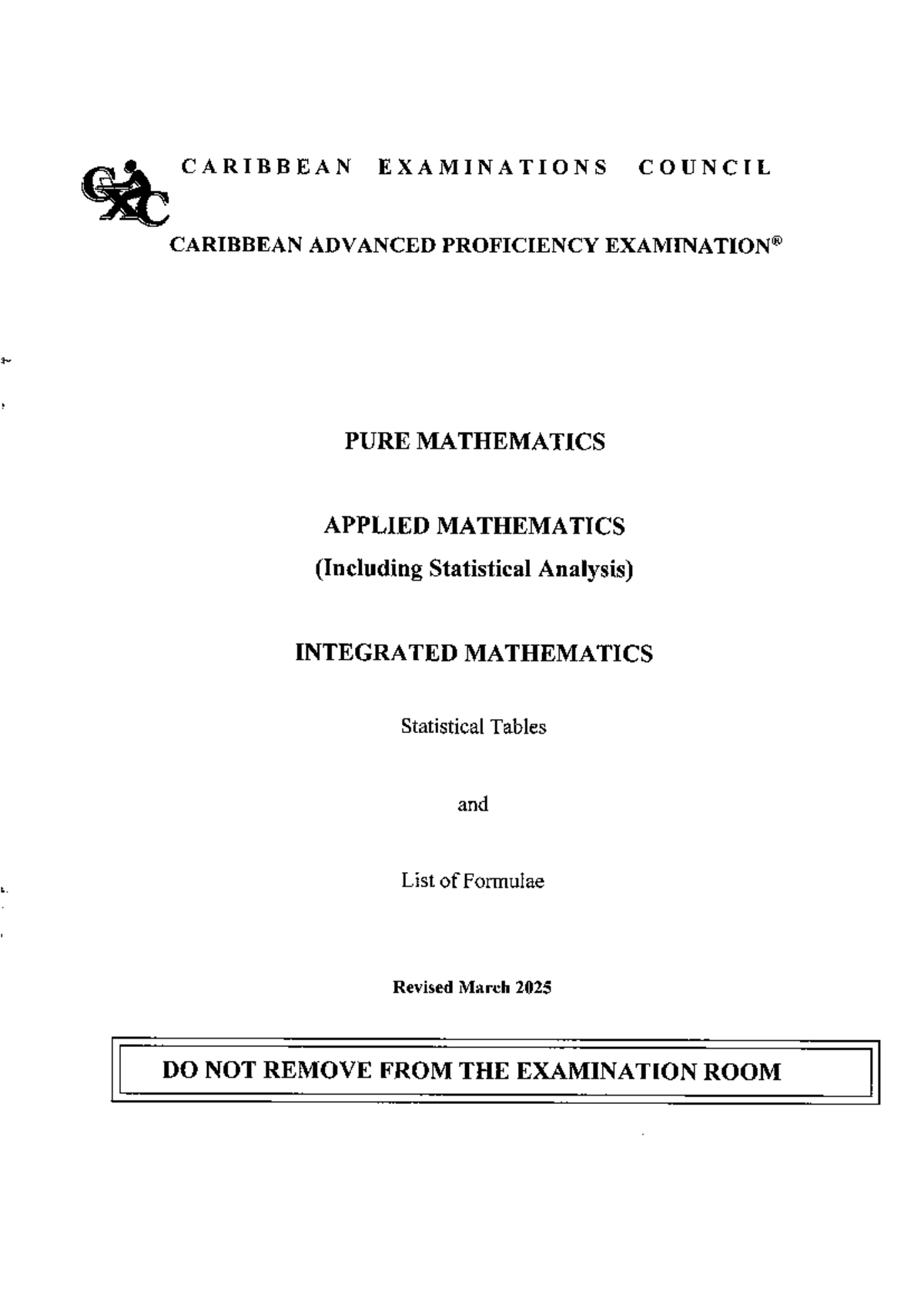 CAPE Pure & Applied Mathematics Formulae List (Revised March 2025 ...
