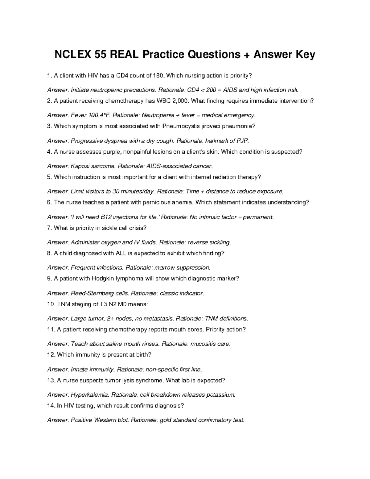 NCLEX 55 REAL Practice Questions Answer Key and Rationale - Studocu