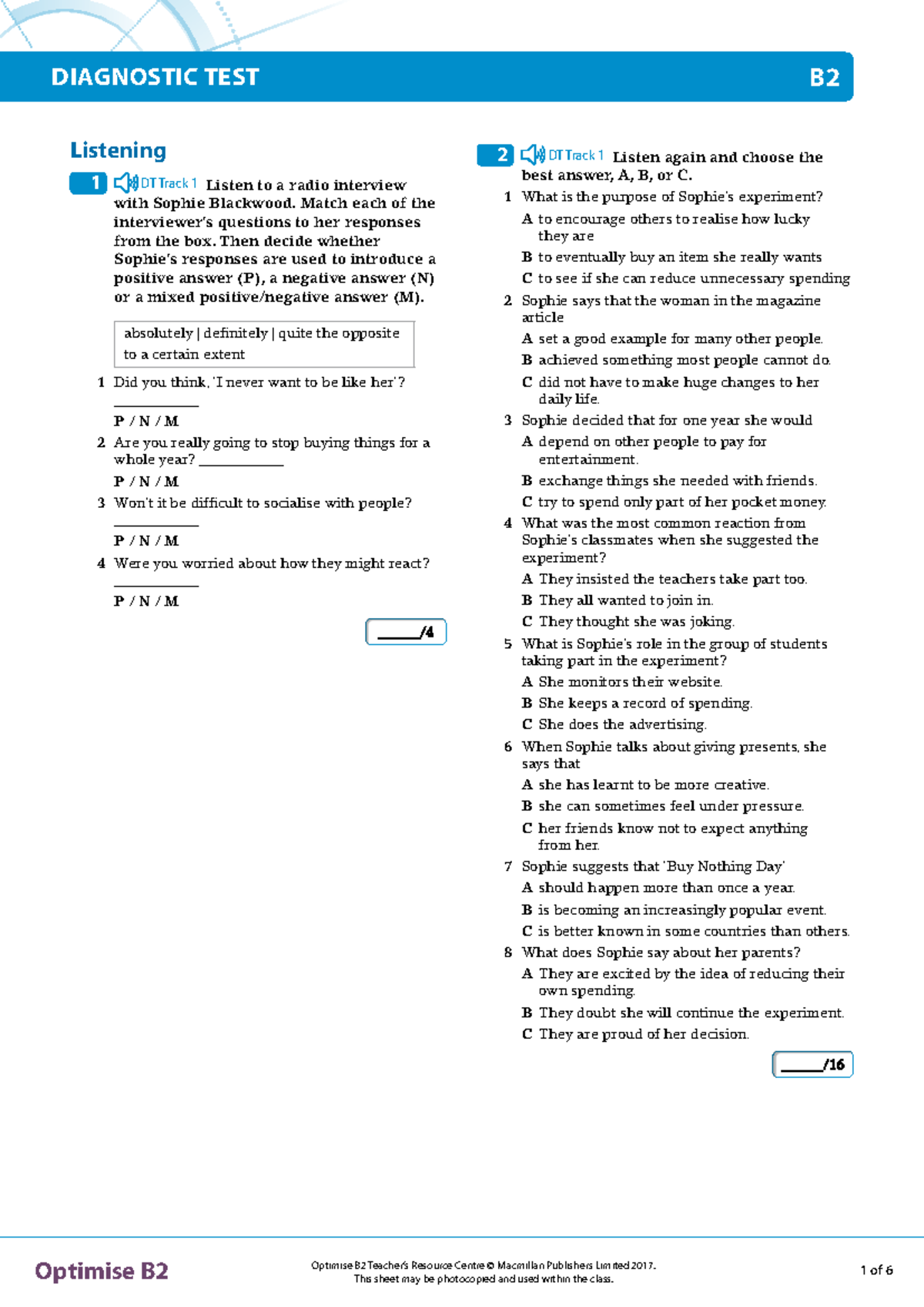 OPT B2 Diagnostic Test - Listening & Reading Practice Tests - Studocu