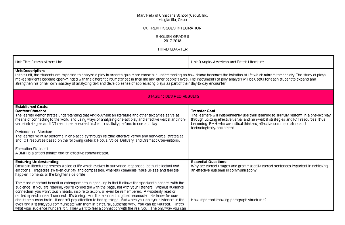Current Issues in Drama and Media: Grade 9 Third Quarter Study Guide ...