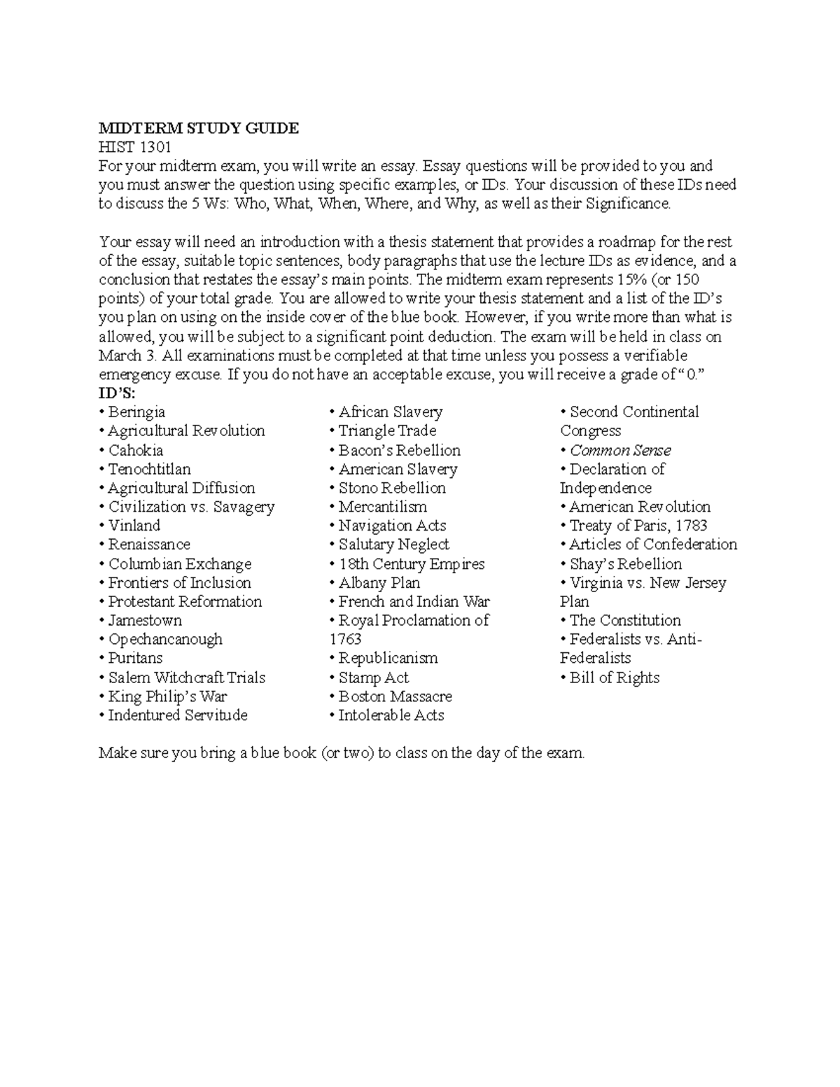 Midterm Study Guide for HIST 1301: Key Concepts and Essay Prep - Studocu