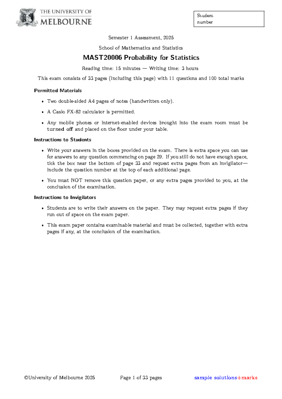 Probability for Statistics (MATH101) Semester 1 Exam Solutions 2025 ...