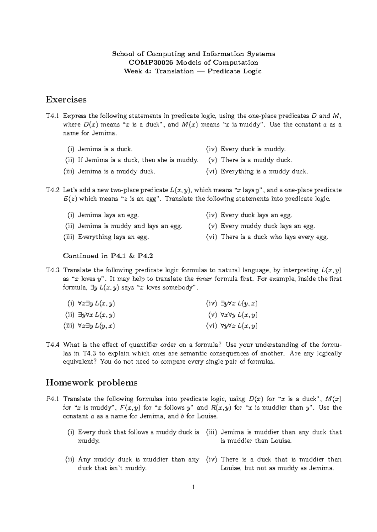 COMP30026 Models of Computation Week 4: Predicate Logic Exercises - Studocu