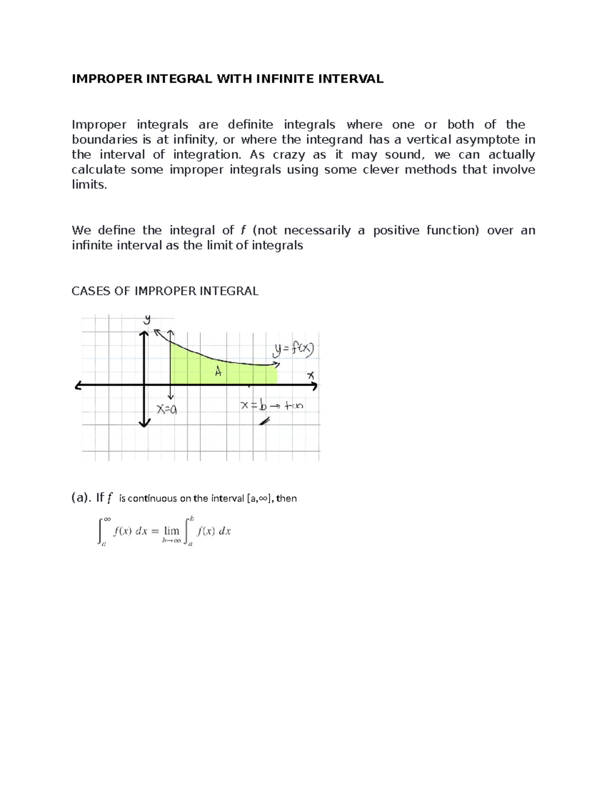 Written Report Calculus - IMPROPER INTEGRAL WITH INFINITE INTERVAL ...