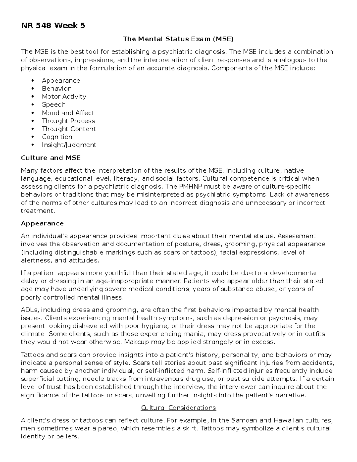 NR 548 Week 5 Mental Status Exam (MSE) Overview and Insights - Studocu