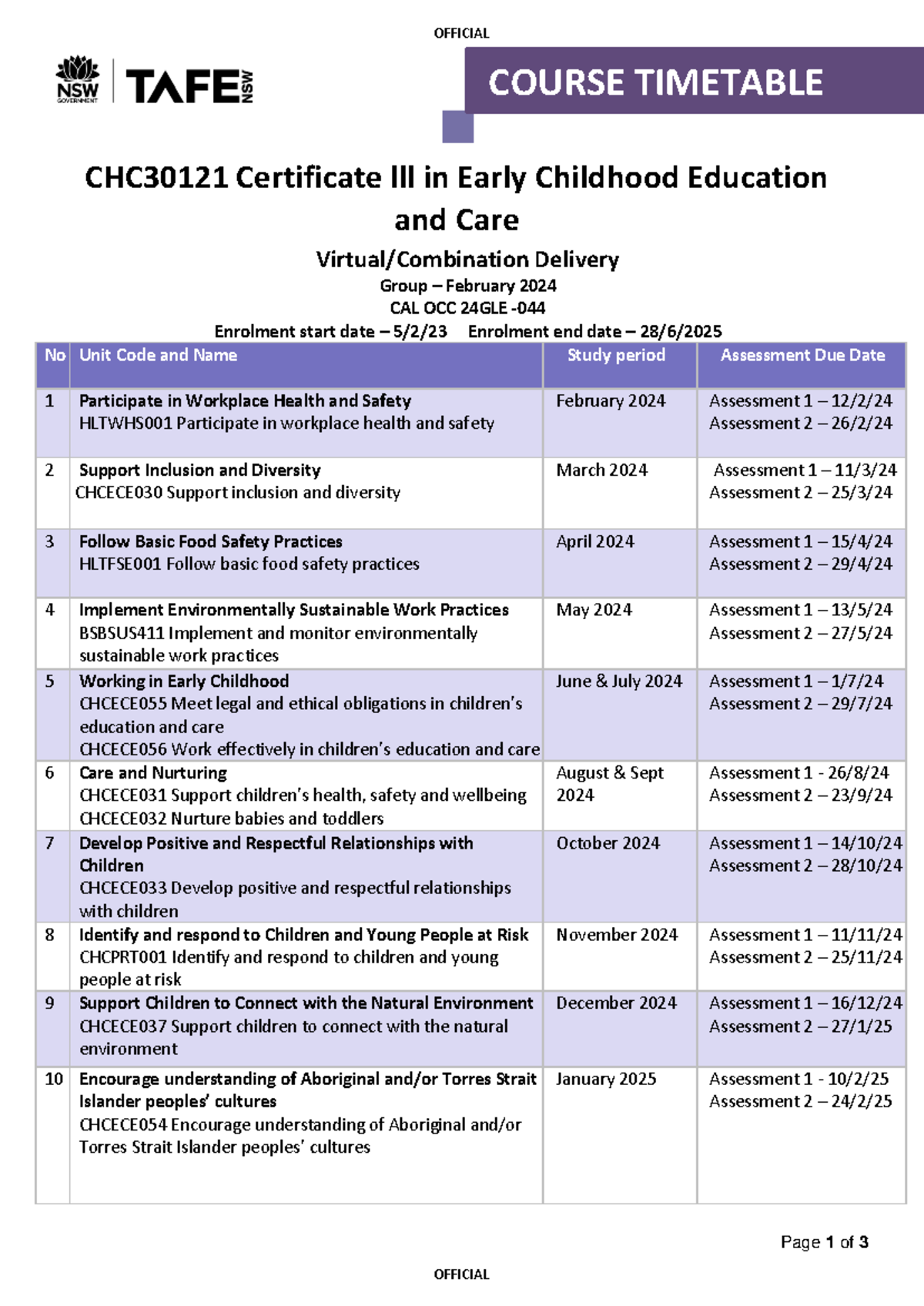 Timetable CHC30121 Virtual Combination Feb 2024 - Page 1 of 3 COURSE ...