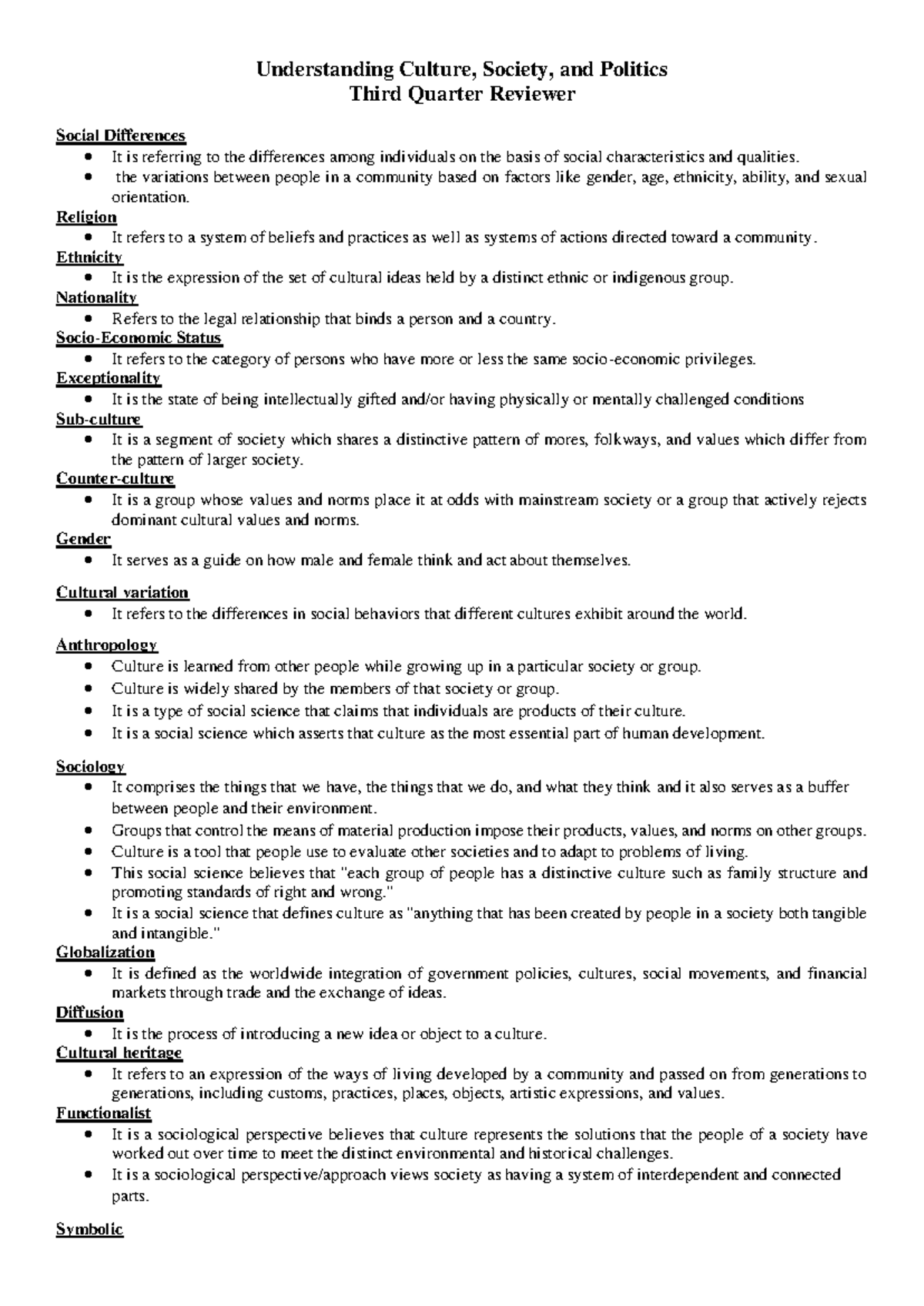 UCSP 3rd Quarter Reviewer: Key Concepts in Culture, Society, & Politics ...