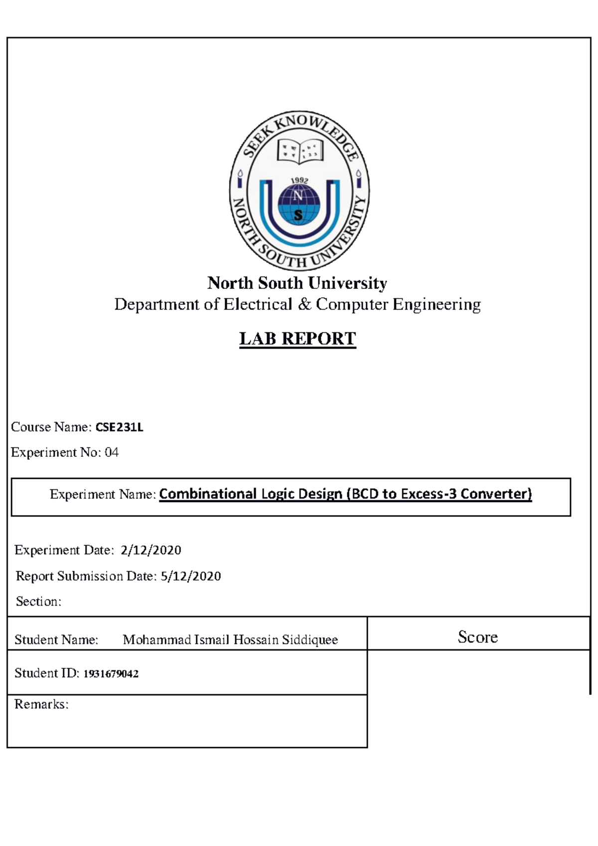 Lab report practical 4.1 and this will be it. - North South University ...