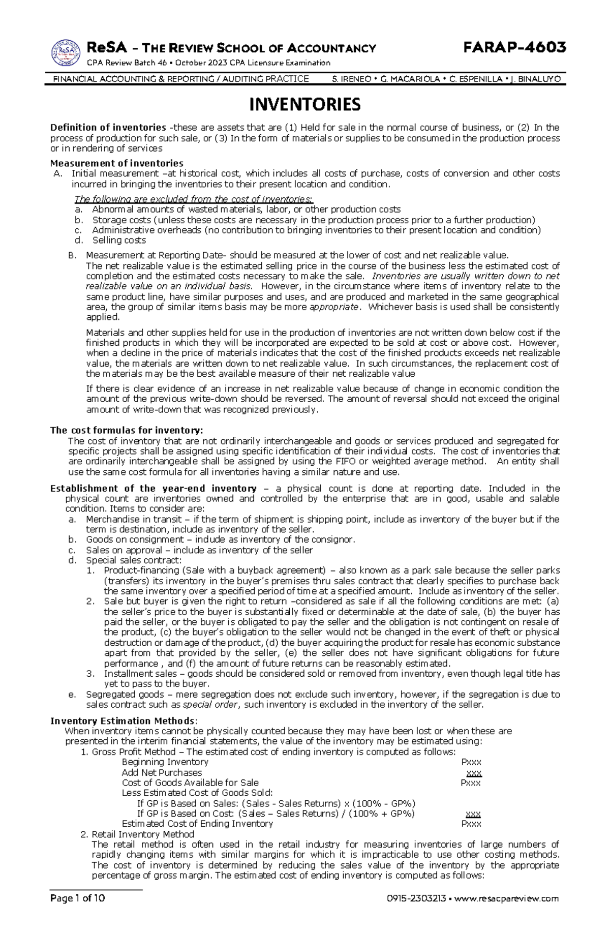FARAP-4603 Final Exam Notes on Inventory Measurement and Valuation ...