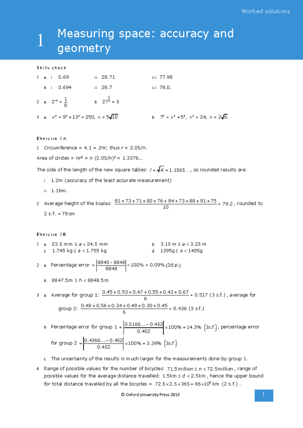 Worked Solutions for Measuring Space: Accuracy and Geometry 1 (Bks Mai ...