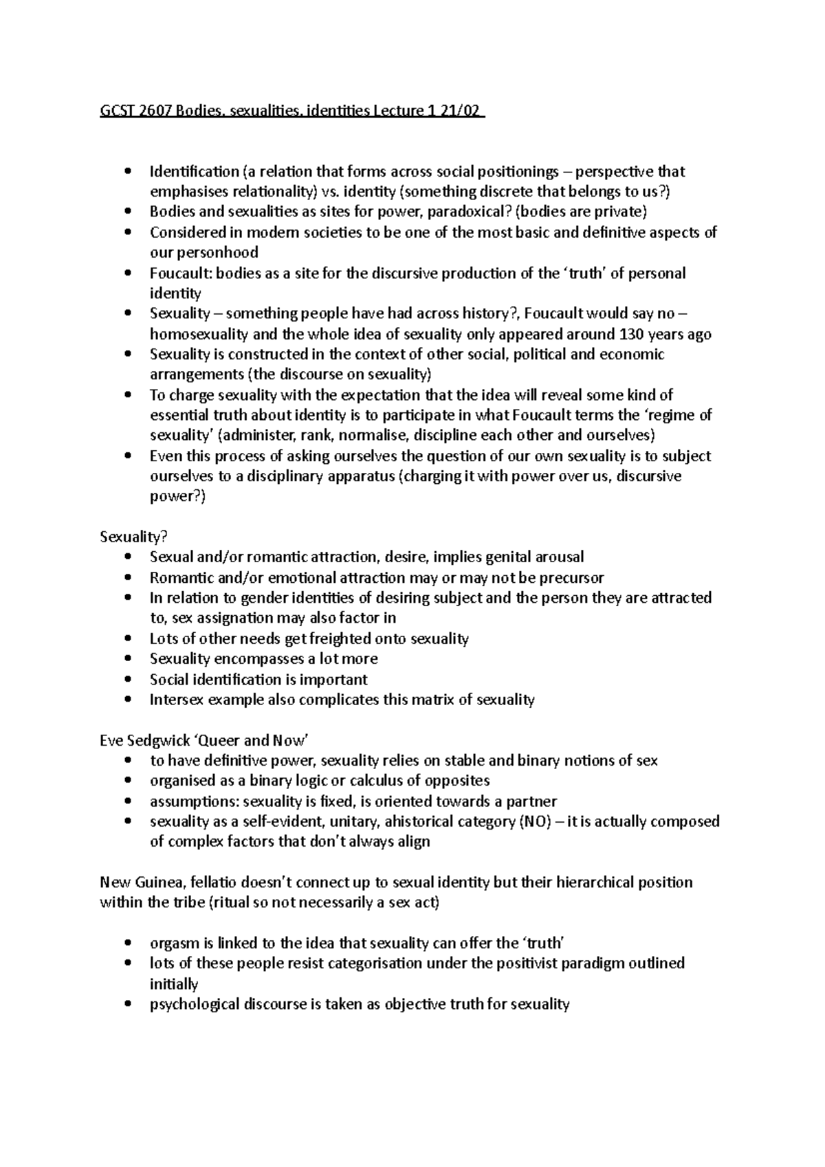 GCST 2607 Bodies and Sexualities Lecture Notes Overview - Studocu