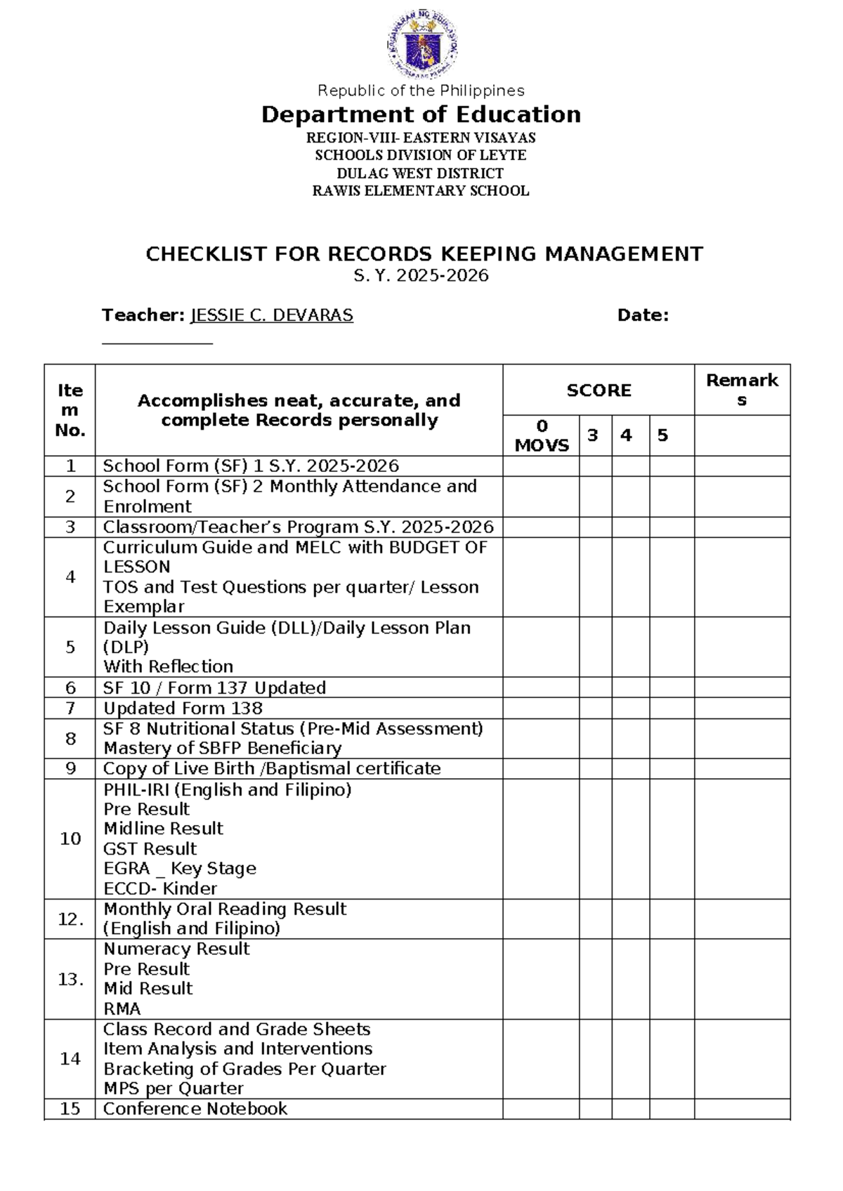 Classroom Checklist for Teachers 2026 Evaluation - Rawis Elementary ...