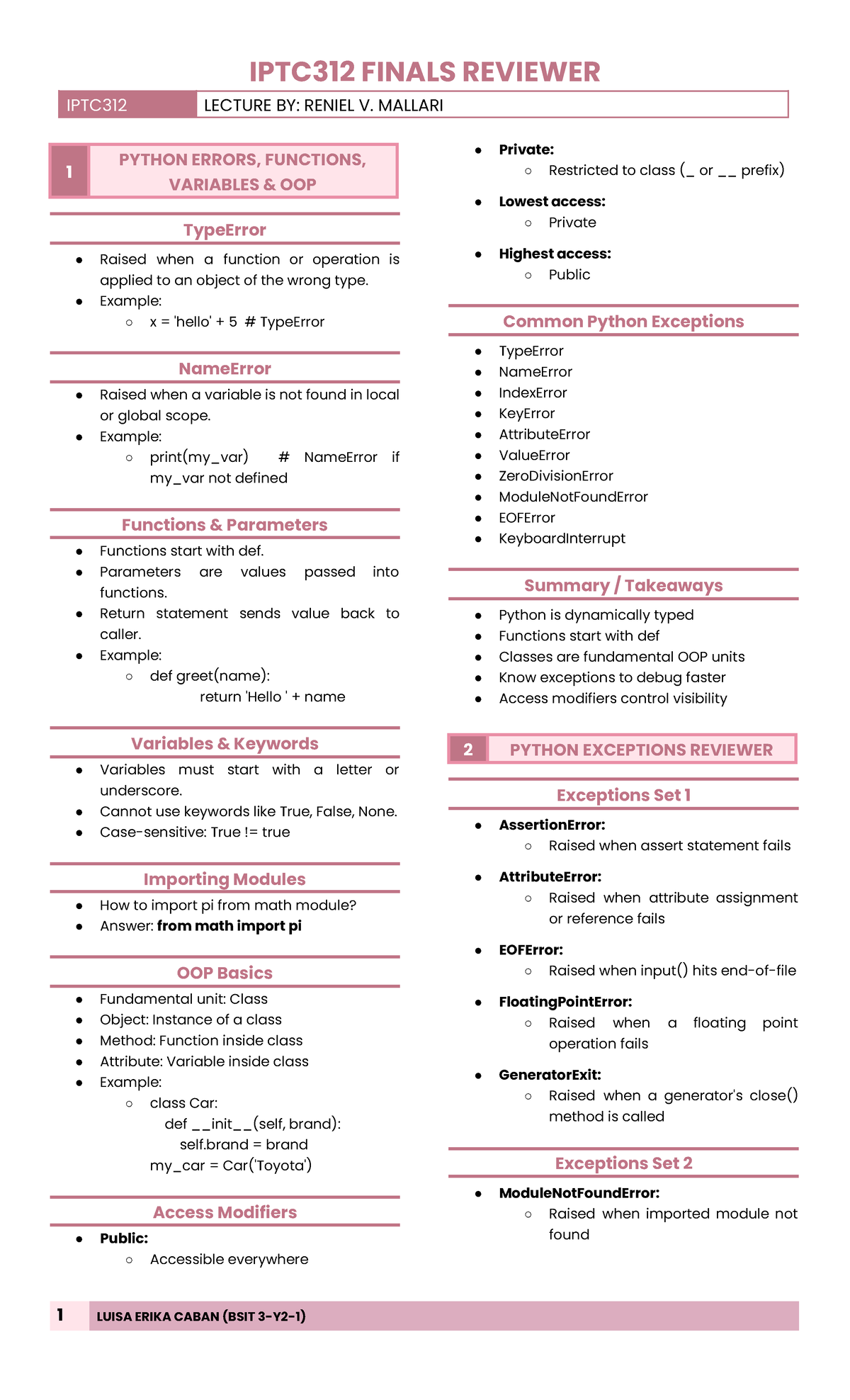 IPTC312 FINALS REVIEWER: PYTHON ERRORS & OOP CONCEPTS - Studocu