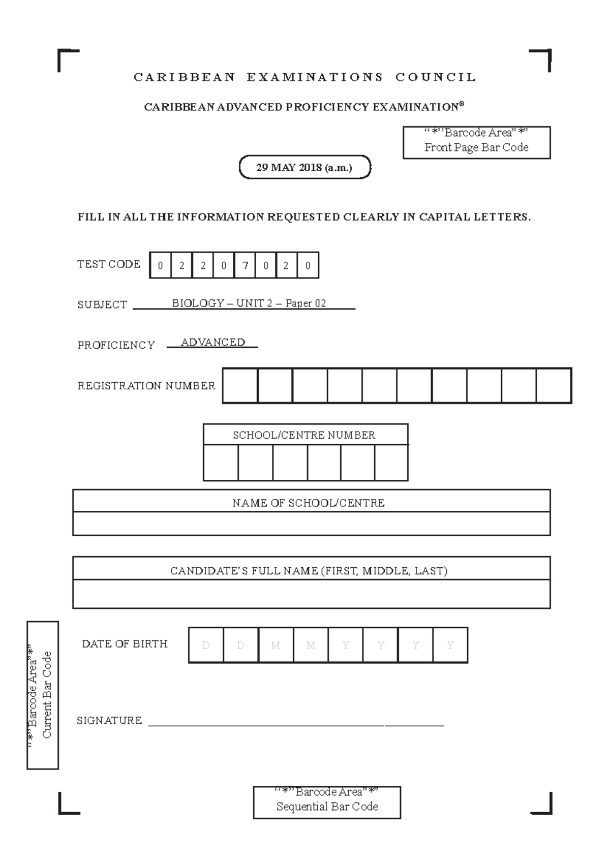CAPE BIOLOGY UNIT 2 Paper 02 - May 2018 Examination Guide - Studocu
