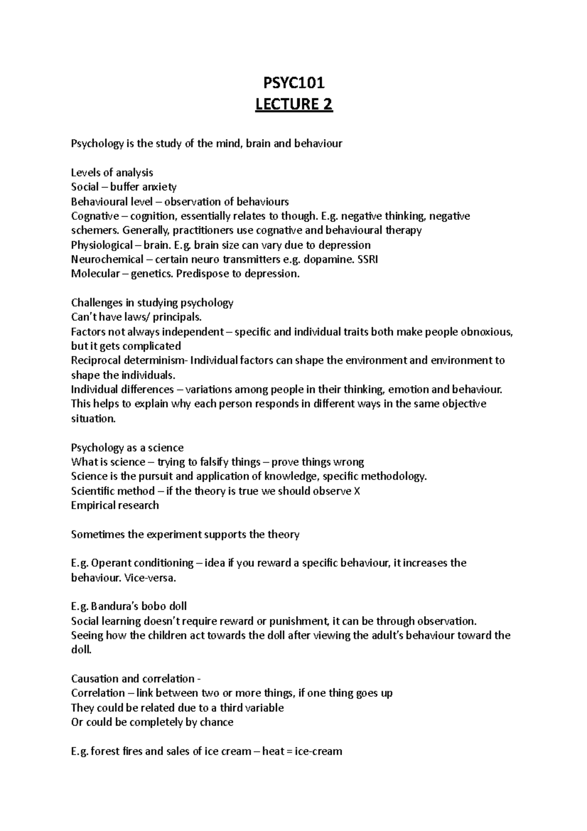Psyc101 notes - PSYC LECTURE 2 Psychology is the study of the mind ...