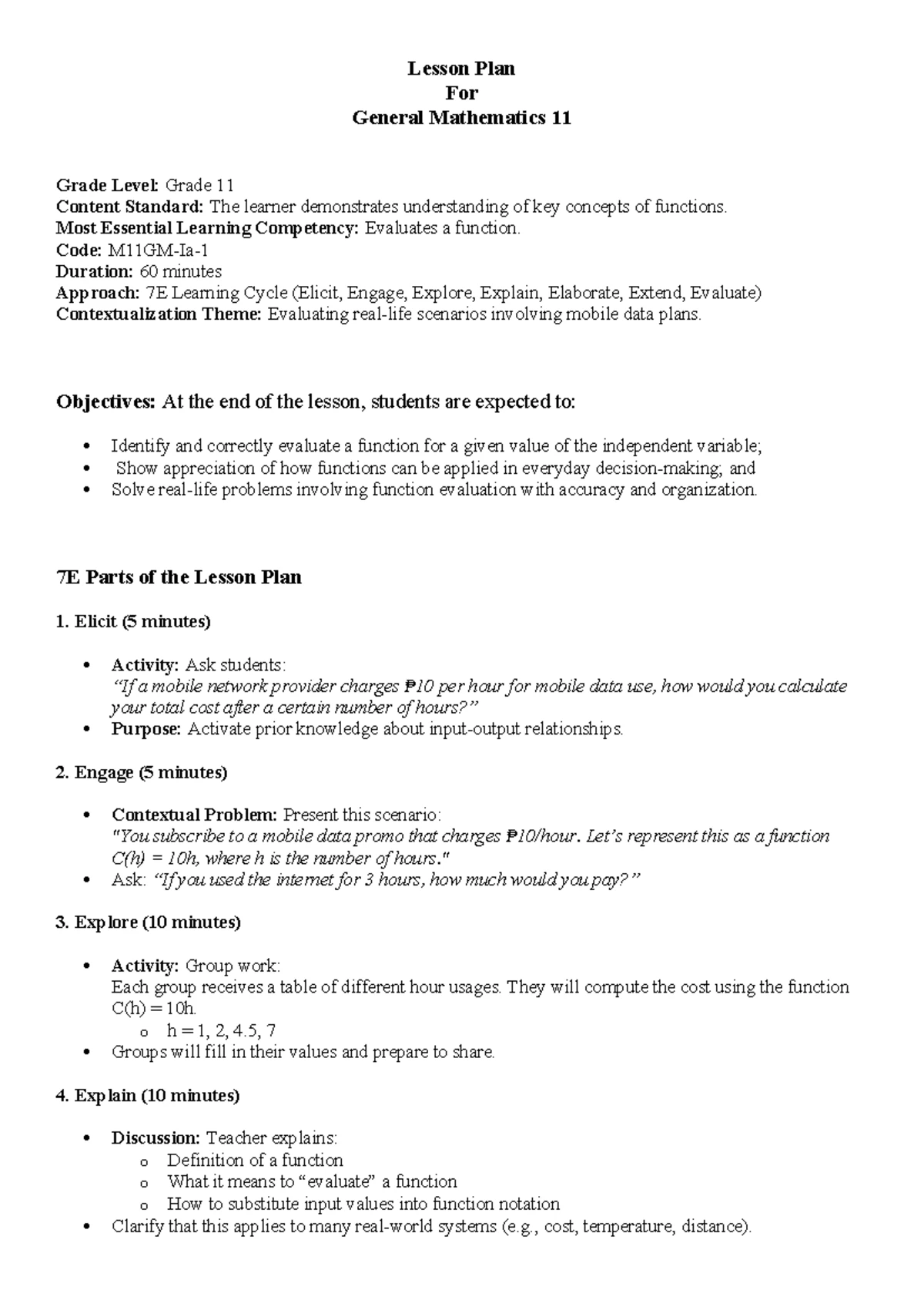 Lesson Plan: Subtraction of Functions in General Math 11 - Studocu