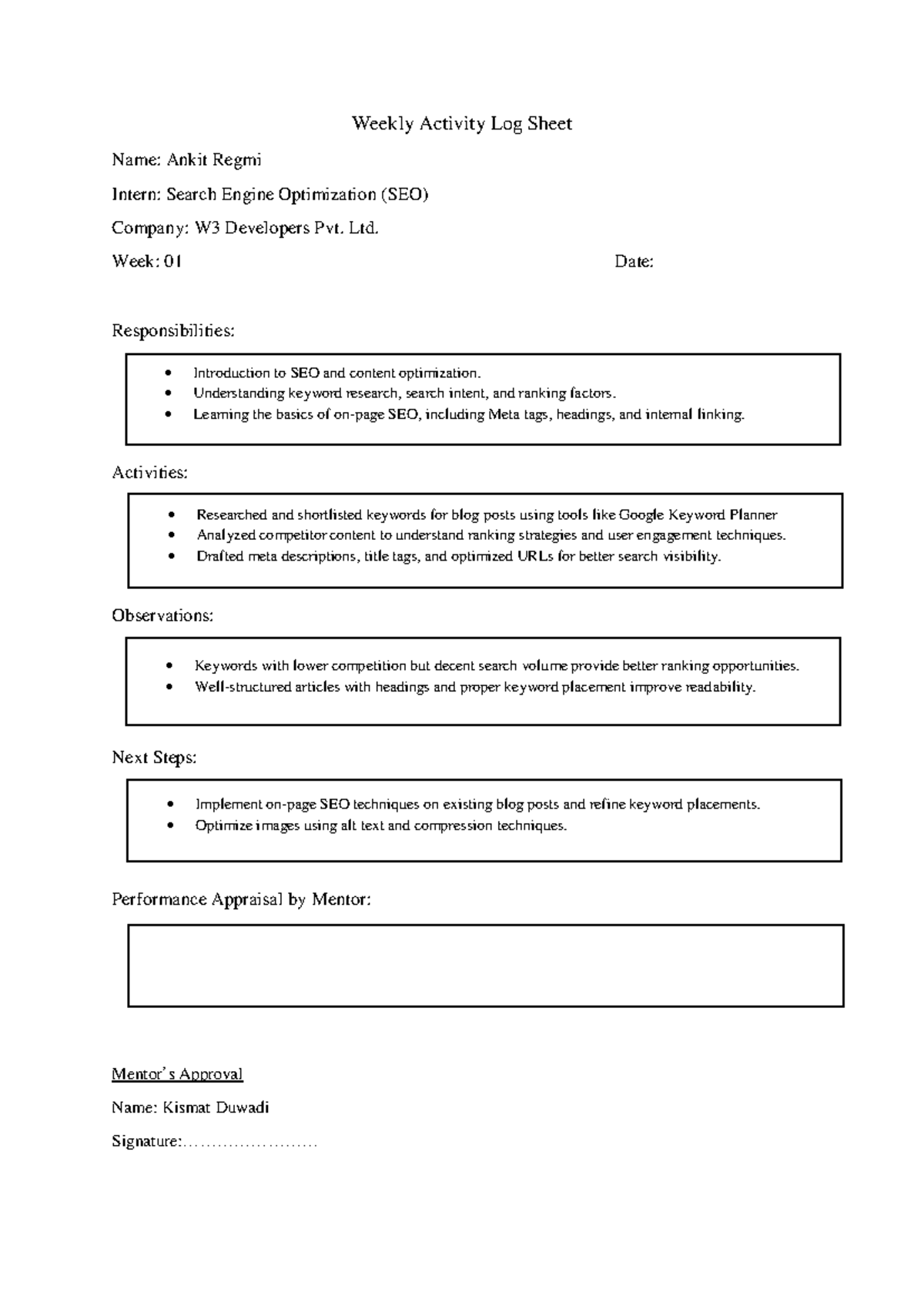 Weekly Activity Log Sheet - Name: Ankit Regmi Intern: Search Engine ...