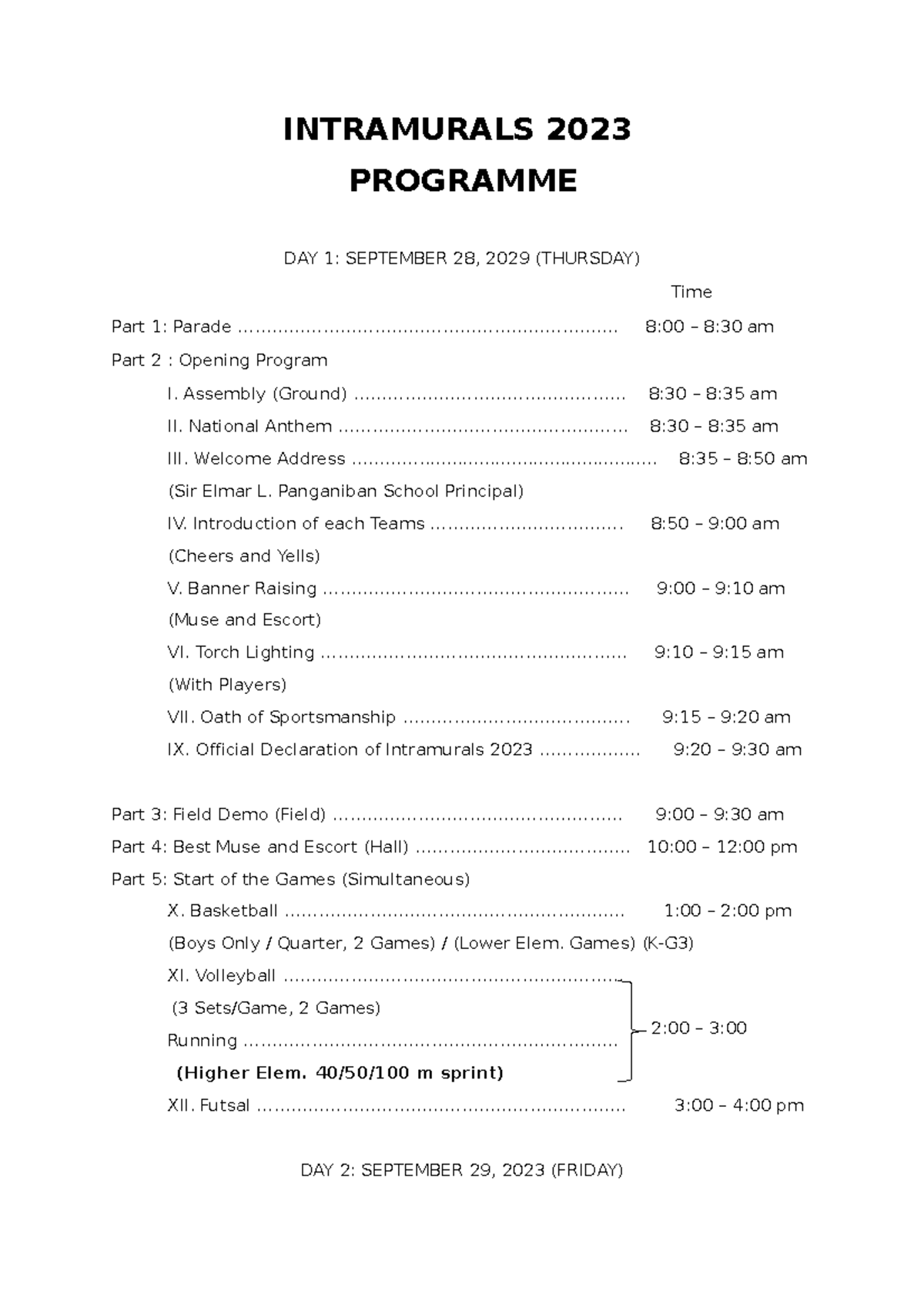Intramurals 2023 LLA - Detailed Schedule and Program Overview - Studocu