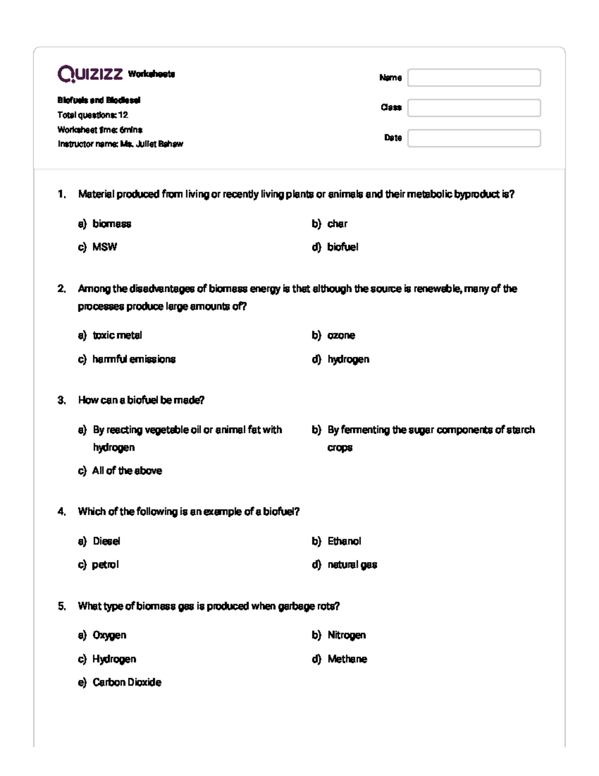 Biofuels and Biodiesel Quizizz - Worksheets Biofuels and Biodiesel ...