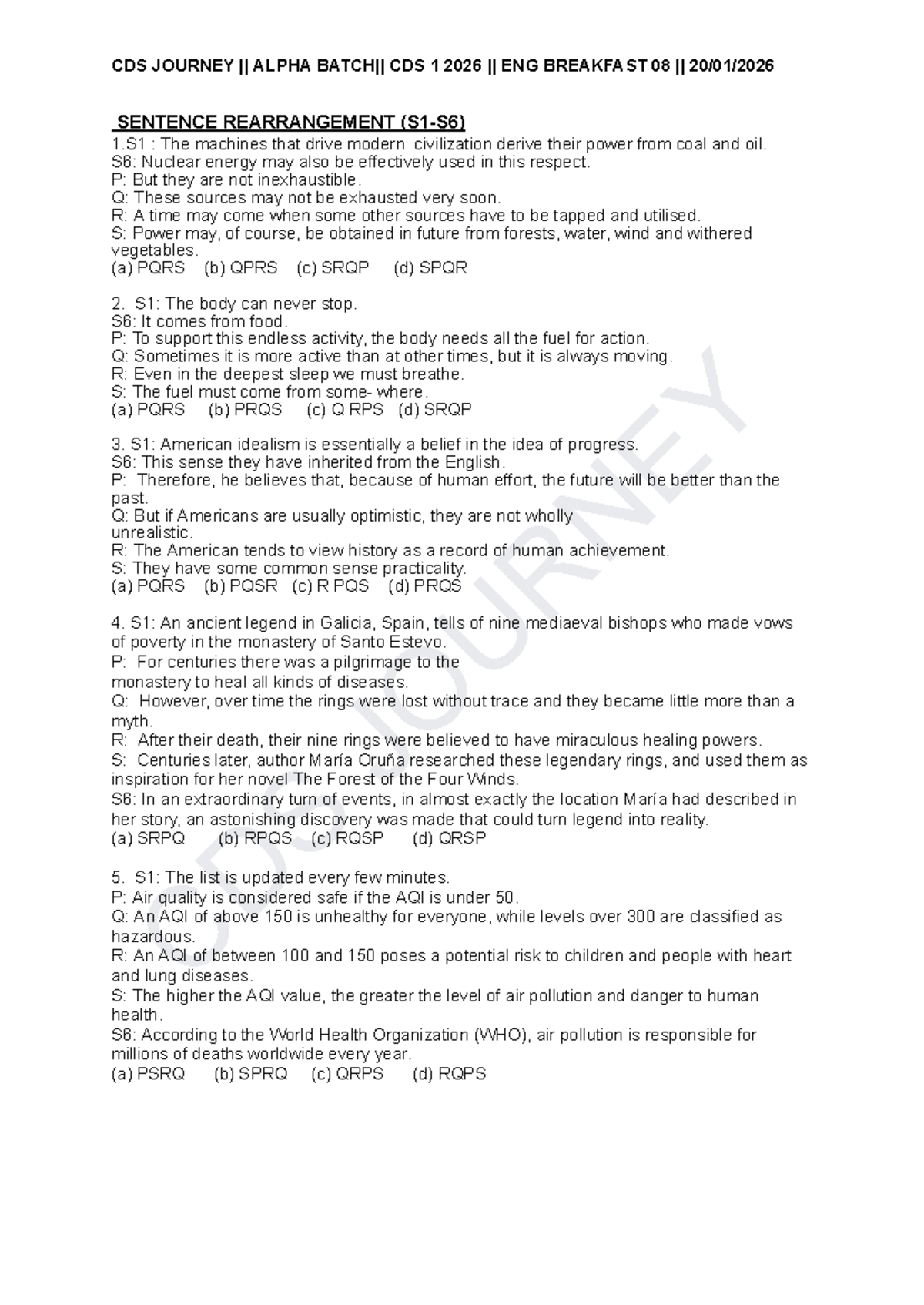 CDS 1 2026 ENG Breakfast 08 - Sentence Rearrangement Exercises - Studocu