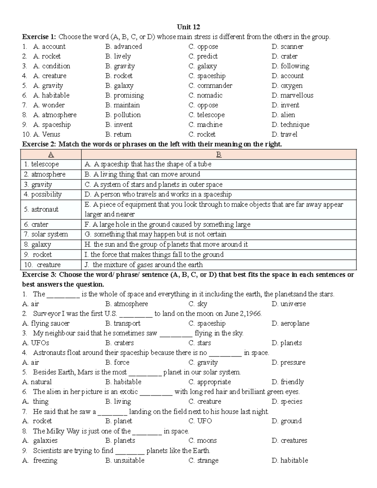 Unit 12 - Exercise Review on Word Stress and Vocabulary - Studocu