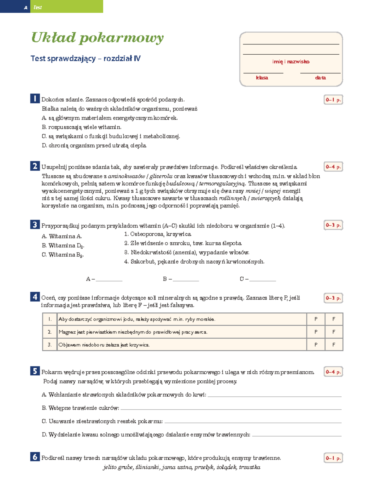 Test-uklad-pokarmowy - A Test Układ pokarmowy Test sprawdzający