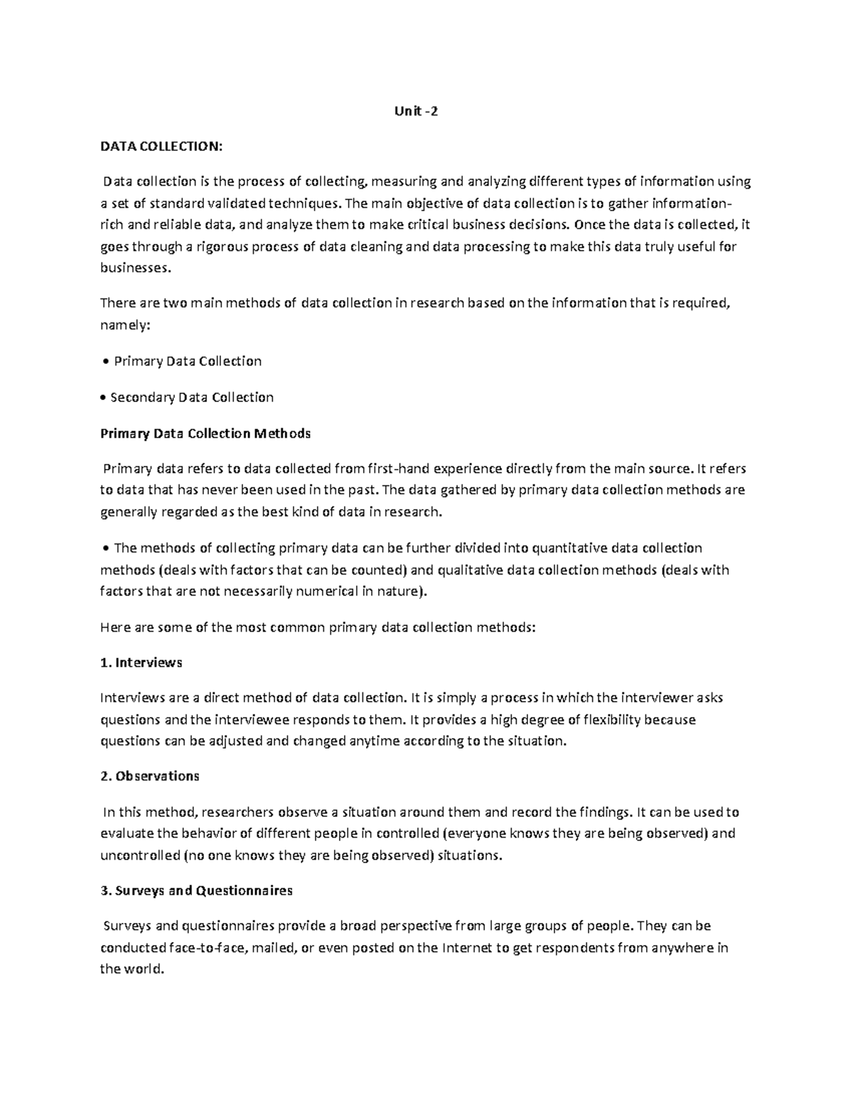Data science unit2 - Data - Unit - 2 DATA COLLECTION: Data collection ...