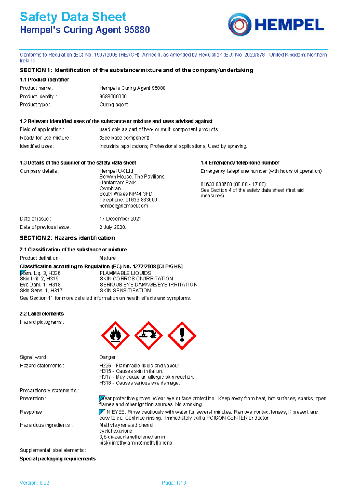 SDS for Curing Agent 95880: Safety Data Sheet Compliance - Studocu