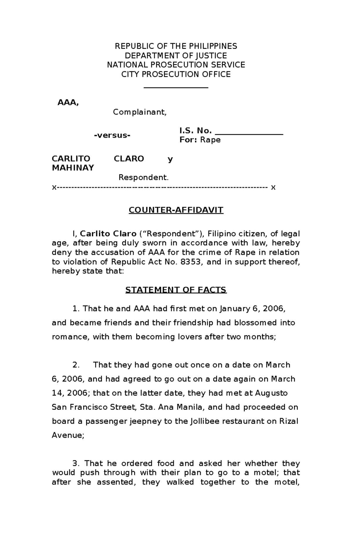 Counter-Affidavit for Rape Case: Carlito Claro vs. AAA - Studocu