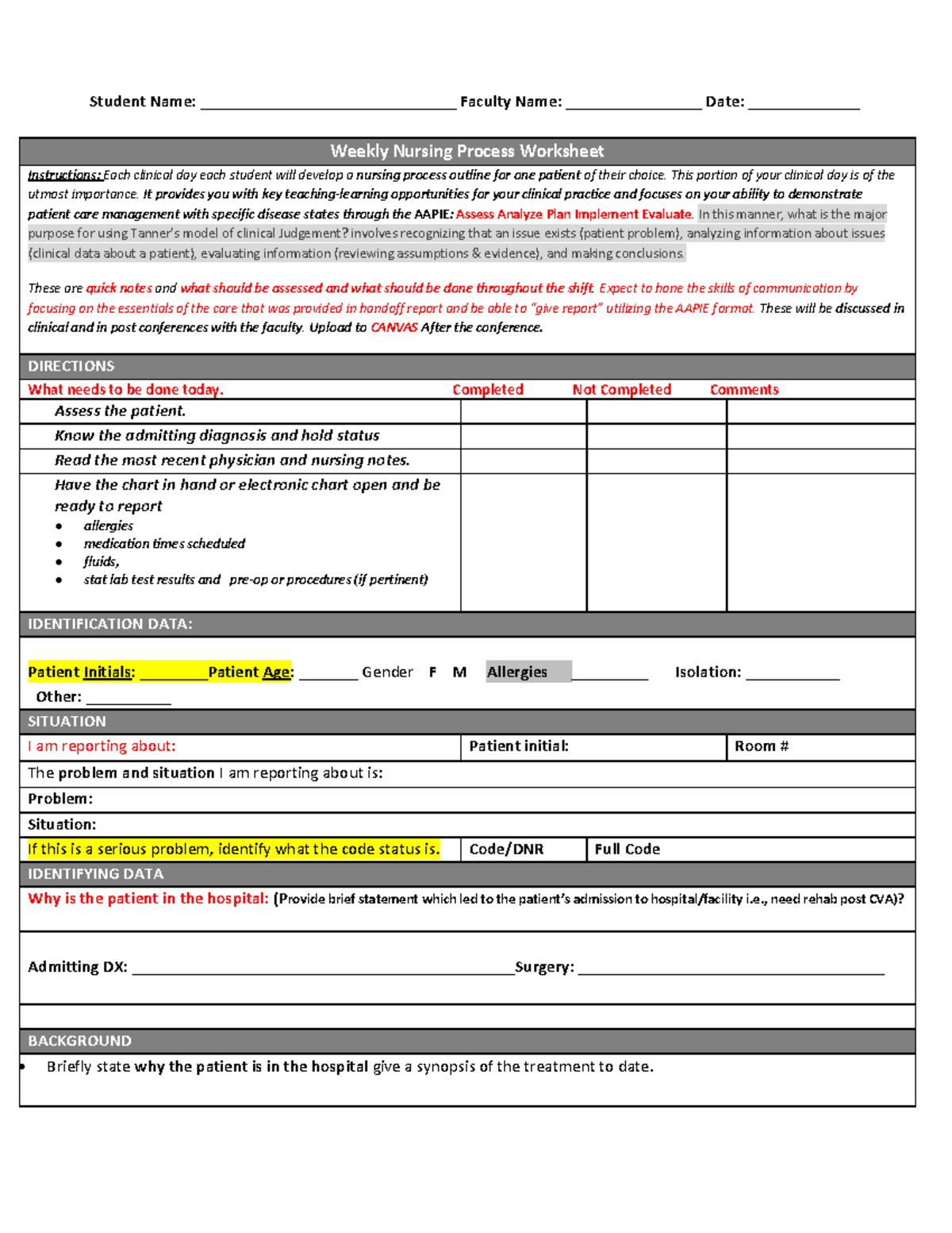 Weekly Nursing Process Worksheet: AAPIE Framework Guidance - Studocu