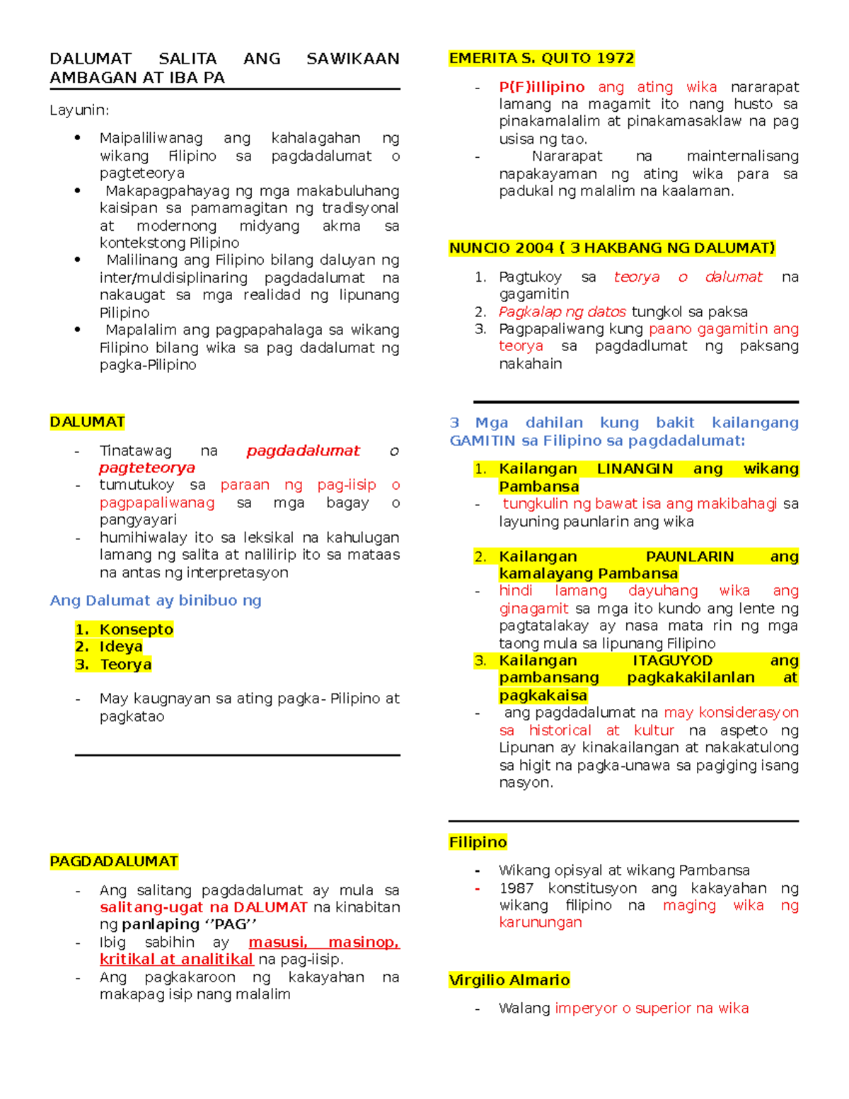 DALUMAT 101: Lecture Notes on Filipino Language and Theory - Studocu