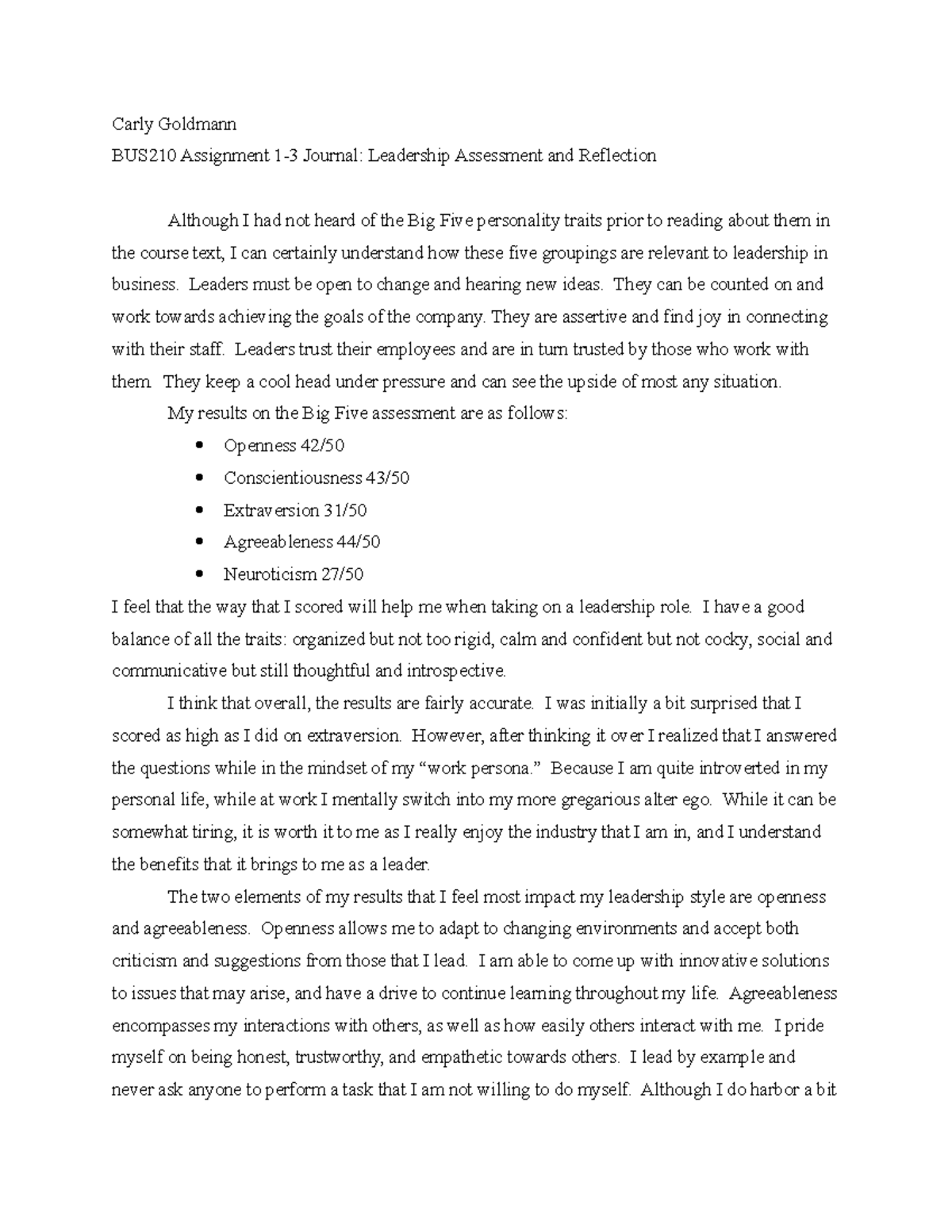 BUS210 Assignment 1-3: Leadership Assessment & Reflection Journal - Studocu