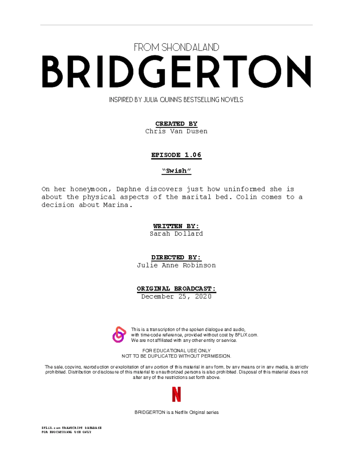 Bridgerton transcript 108 After the Rain - 8FLiX TRANSCRIPT DATABASE ...