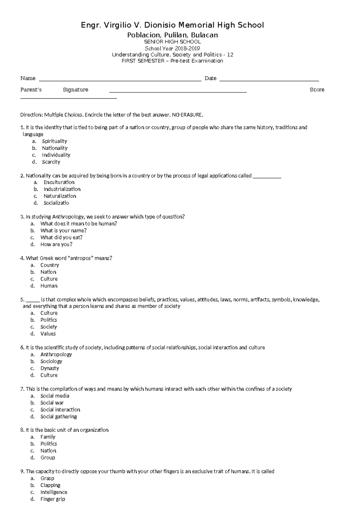 UCSP - 12 First Semester Pre-Test with Answer Key - Studocu