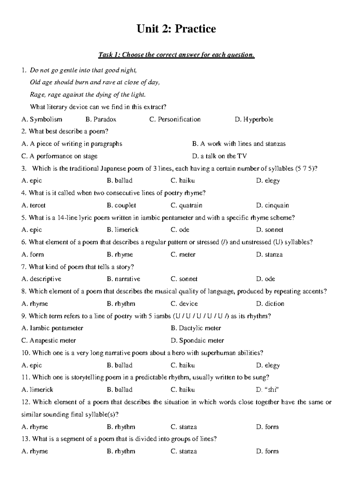 Unit 2 practice - noooooooooo - Unit 2: Practice Task 1: Choose the ...