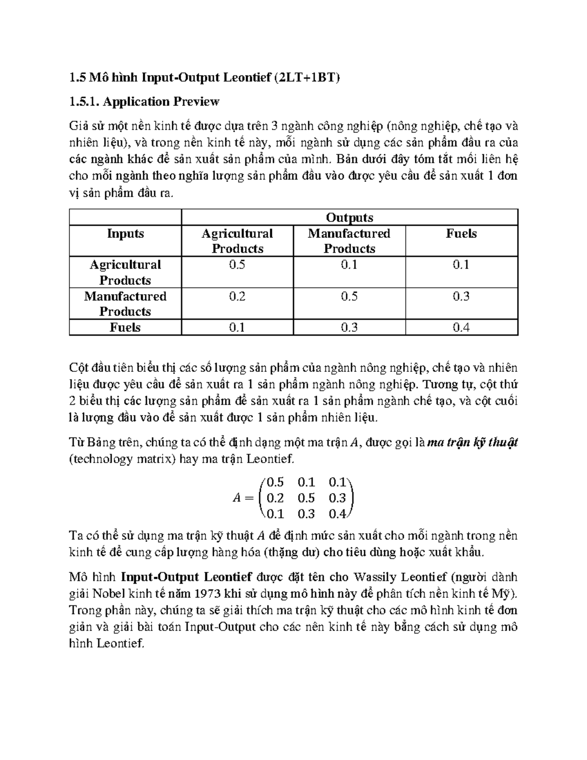 1.5 Mô hình Input-Output Leontief: Phân Tích và Ứng Dụng - Studocu